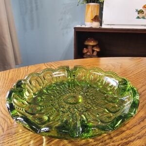 Vintage Green LE Smith Moon & Stars Ashtray Glass Large
